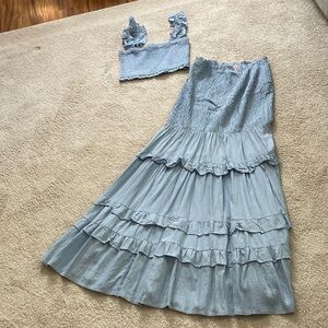 Smocked blue ruffle two piece skirt set